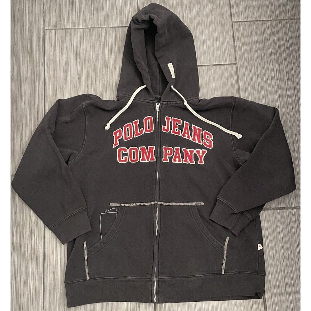 Vintage Rare RL Polo Jeans Co Full Zip Heavy Hooded Sweatshirt Medium Black 90s